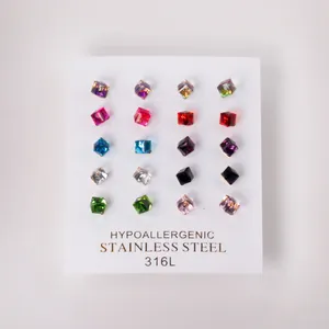 Detailed set of ten multi-colored square crystal stud earrings in 316L stainless steel