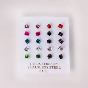 Set of 10 pairs 316L stainless steel hypoallergenic colorful cubic stud earrings