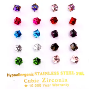 Detail of 20 pairs multi-color 316L stainless steel cubic zirconia stud earring set