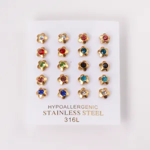 Set of 20 pieces flower stud earrings in 316L stainless steel with colorful rhinestones
