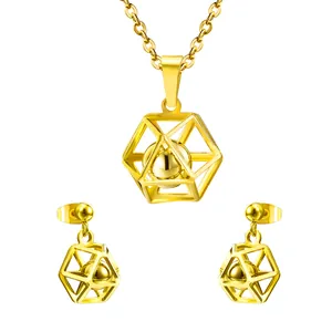 Conjunto de joyas de acero inoxidable dorado con colgante de esfera hueca y pendientes