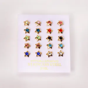 Set of 10 pairs of 316L stainless steel star earrings with colorful cubic zirconia studs