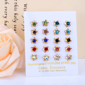 Detailed view of 10 pairs of 316L stainless steel star earrings with colorful zirconia