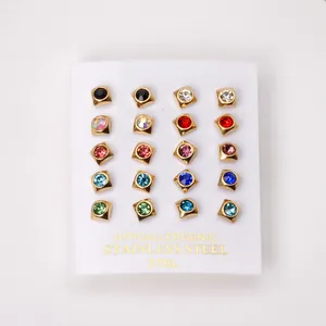 Detailed set of 20 pairs of 316L stainless steel hypoallergenic multi-color stud earrings