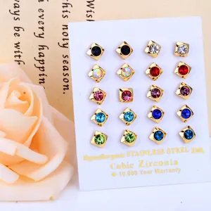 Macro detail of 10 pairs of 316L stainless steel stud earrings with colorful cubic zirconia