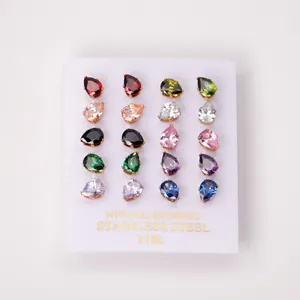 Close-up of 10 pairs colorful pear-shaped 316L stainless steel hypoallergenic stud earrings