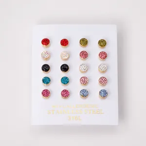 Set of 10 pairs hypoallergenic 316L stainless steel stud earrings with colorful zircons