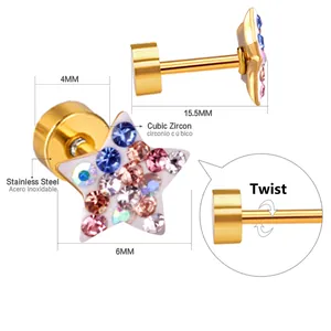 Detailed view of titanium steel star stud earrings with colorful cubic zirconia inlays