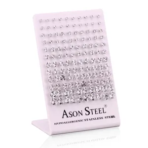 Macro view of hypoallergenic stainless steel square cubic zirconia earrings in various sizes