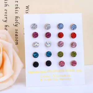 Close-up of 10 pairs colorful cubic zirconia stud earrings set in 316L stainless steel
