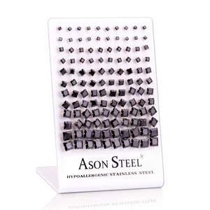 Black square cubic zirconia stud earrings set in hypoallergenic stainless steel