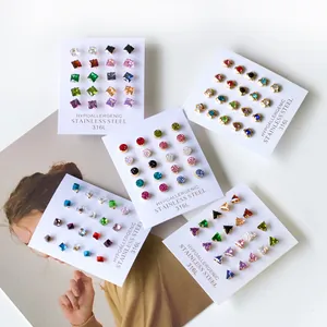 Set of 60 pairs of 316L stainless steel heart and geometric stud earrings with CZ
