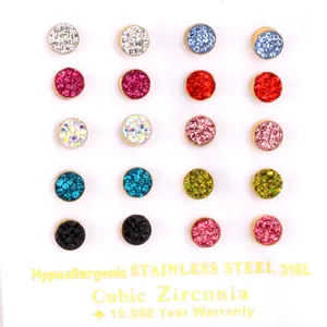 Set of 10 pairs multicolor cubic zirconia stud earrings in 316L stainless steel