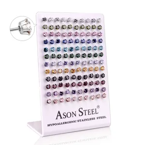 Set of 60 pairs of hypoallergenic stainless steel earrings with colorful round zircons
