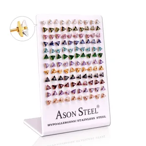 Stainless steel stud earring set with multi-color geometric zircon stones in various shades
