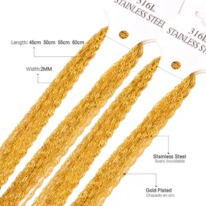 Detail of 2mm gold-plated 316L stainless steel rope chains in various lengths