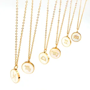 Zodiac Round White Shell Pendant Necklace Gold Steel Color Plated Stainless Steel Mother Of Artificial Pearl Clavicle Chain Necklace For Women Jewelry