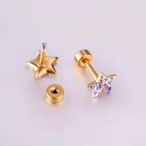Detail of star-shaped titanium steel stud earrings with colorful rhinestones and screw backs