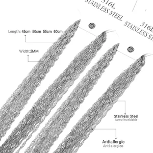 Detail of 2mm 316L stainless steel twisted chains in silver showing lengths and material