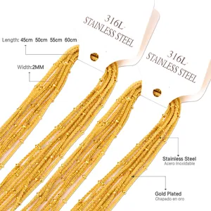 Detailweergave van 2mm 316L roestvrijstalen gouden kralenkettingen met lengtemaatkaarten