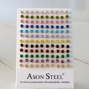 Detail of 120-piece stainless steel earring set with colorful round cubic zirconia stones