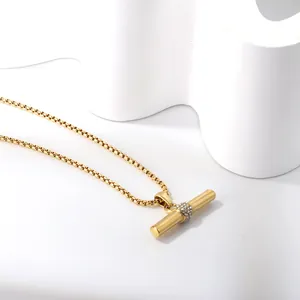 Minimalistische gouden roestvrijstalen box-ketting met kristallen cilinderhanger