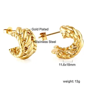 Detail view of 18mm gold plated stainless steel twisted croissant hoop earrings details