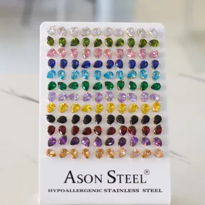 Set of 60 pairs of teardrop crystal stud earrings in 12 colors with stainless steel posts