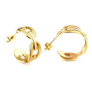 Elegant gold-plated chain link C-shaped hoop earrings with a polished metallic finish