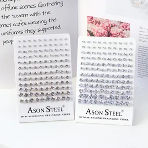 Set of round and square stainless steel stud earrings with clear sparkling zircon stones