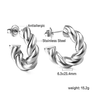 Polished silver stainless steel thick twisted hoop earrings with antiallergic properties