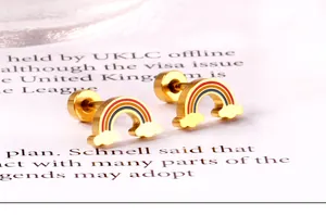 Detail shot of rainbow earrings with gold-tone base and colorful enamel on book background