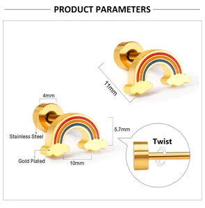 Detail view of gold-plated stainless steel rainbow earrings with dimensions and screw back