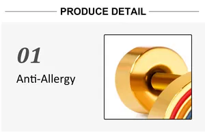 Detailed macro view of gold anti-allergy stud earring with colorful rainbow design