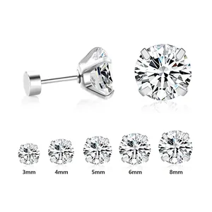 Boucles d'oreilles en acier avec cristaux ronds en 5 tailles de 3 mm à 8 mm