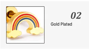 Detail showing gold plated rainbow stud earrings with white cloud enamel finish