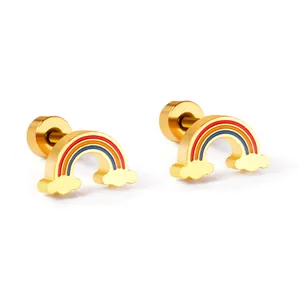 Cute Stainless Steel Cartoon Rainbow Strawberry Duck Rabbit Penguin Daisy Stud Earrings For Women Kids Gold Silver Plated Screw Back Earrings
