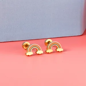 Rainbow cloud stud earrings in gold with colorful enamel and secure screw backings