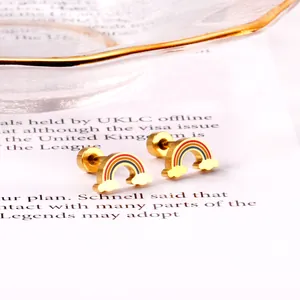 Cute rainbow and white cloud stud earrings in gold plated finish for women