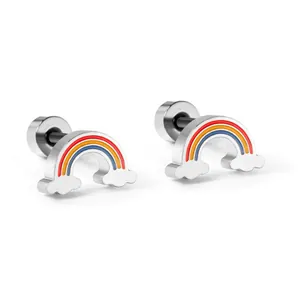 Polished silver rainbow cloud stud earrings with colorful enamel and secure screw backs