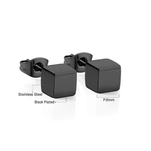 Detail of 6mm black plated stainless steel cube stud earrings with matte finish
