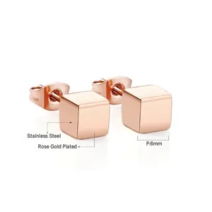 Detailed view of 6mm rose gold plated stainless steel cube stud earrings for men
