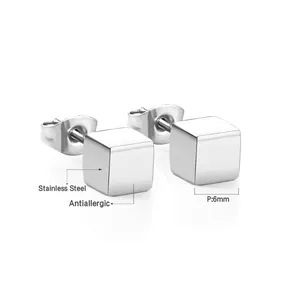 Detailed macro view of 6mm cubic stainless steel earrings with anti-allergic studs