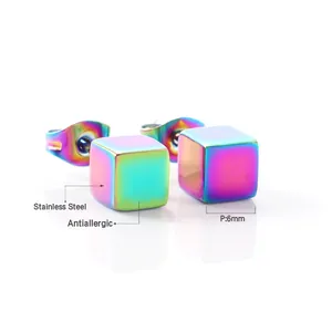 Detailed close-up of 6mm rainbow square stainless steel stud earrings with hypoallergenic finish