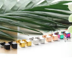 Minimalist titanium steel cube stud earrings in five metallic colors for a modern look