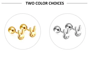 Detail view of rabbit stud earrings in gold and silver with secure screw ball backs
