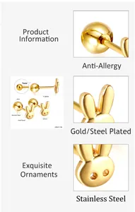 Detail of gold plated stainless steel rabbit studs with secure twist ball back