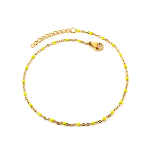 Tobillera dorada elegante para mujer con cuentas de esmalte amarillo brillante de moda