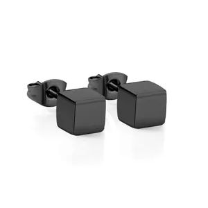 Minimalist black square titanium steel stud earrings with high-polish metallic finish