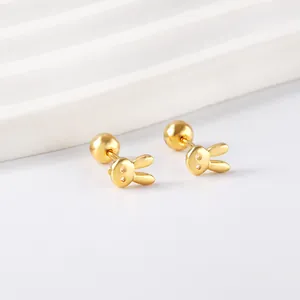 Cute golden rabbit stud earrings in stainless steel with secure screw-back ball closures